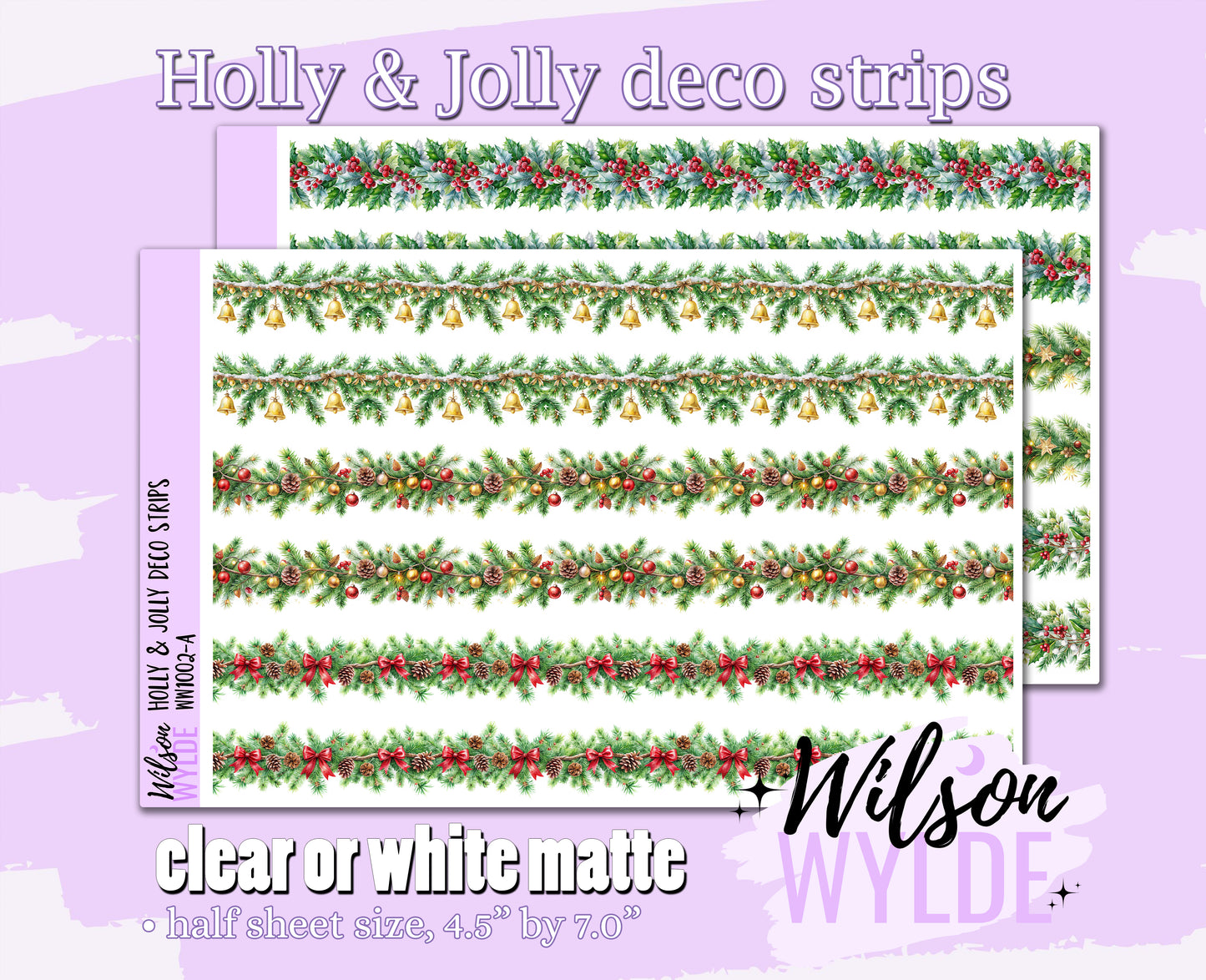 Holly & Jolly deco strips planner stickers, Matte or frosted clear. WW1002