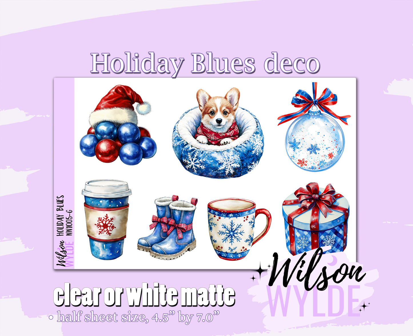 Holiday Blues deco planner stickers, Matte or frosted clear. WW1005