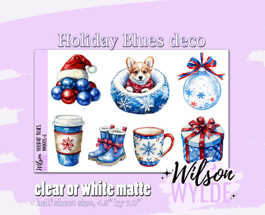 Holiday Blues deco planner stickers, Matte or frosted clear. WW1005