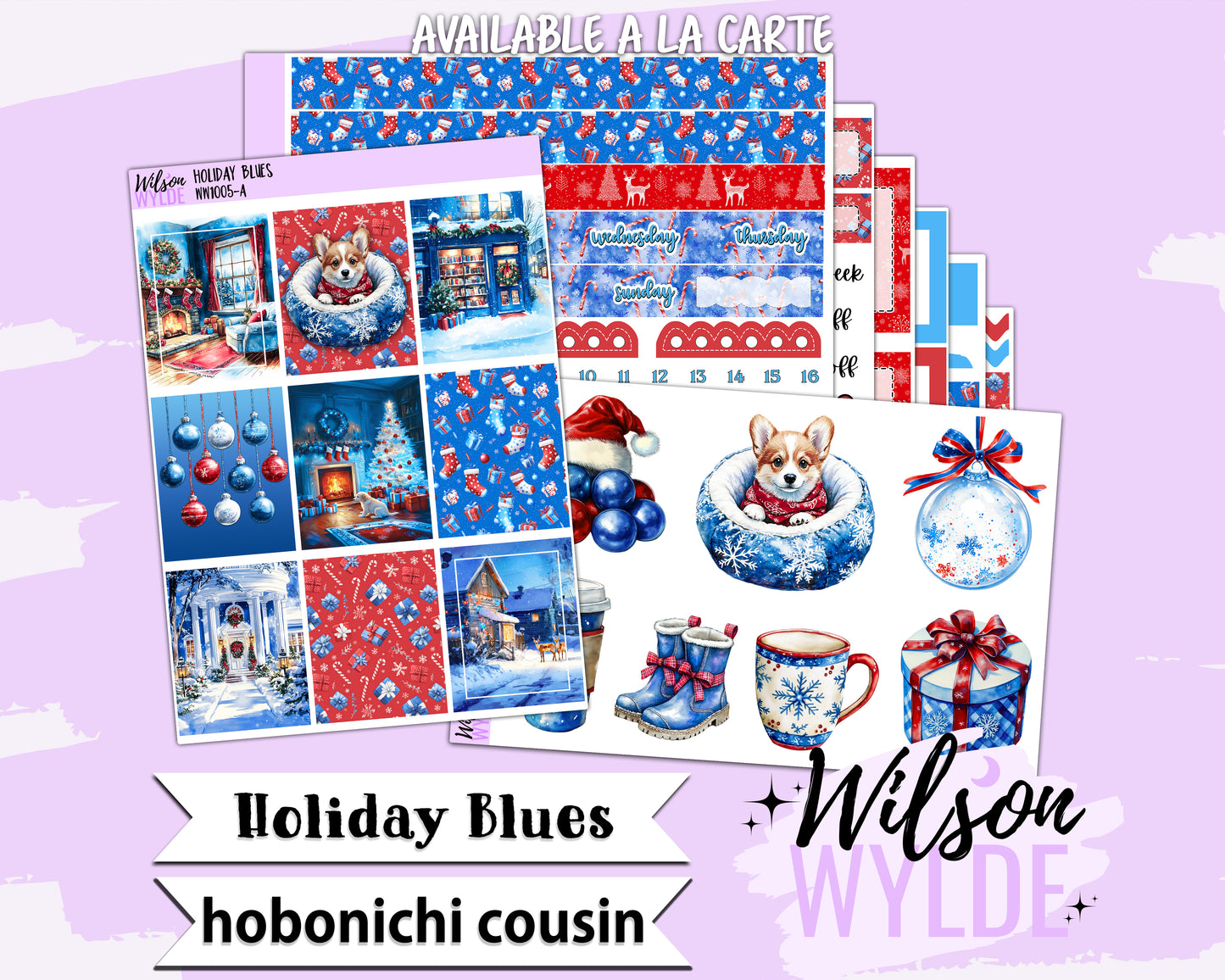 Holiday Blues weekly sticker kit, HOBONICHI COUSIN format, a la carte and bundle options. WW1005