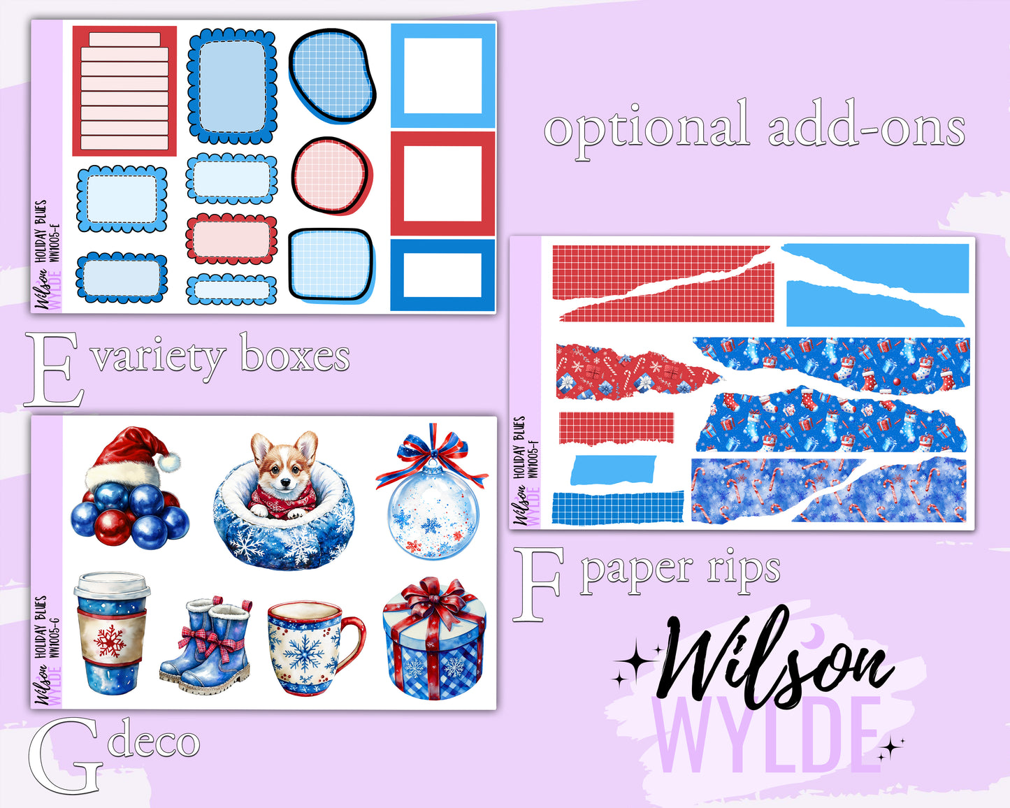 Holiday Blues weekly sticker kit, STANDARD VERTICAL format, a la carte and bundle options. WW1005