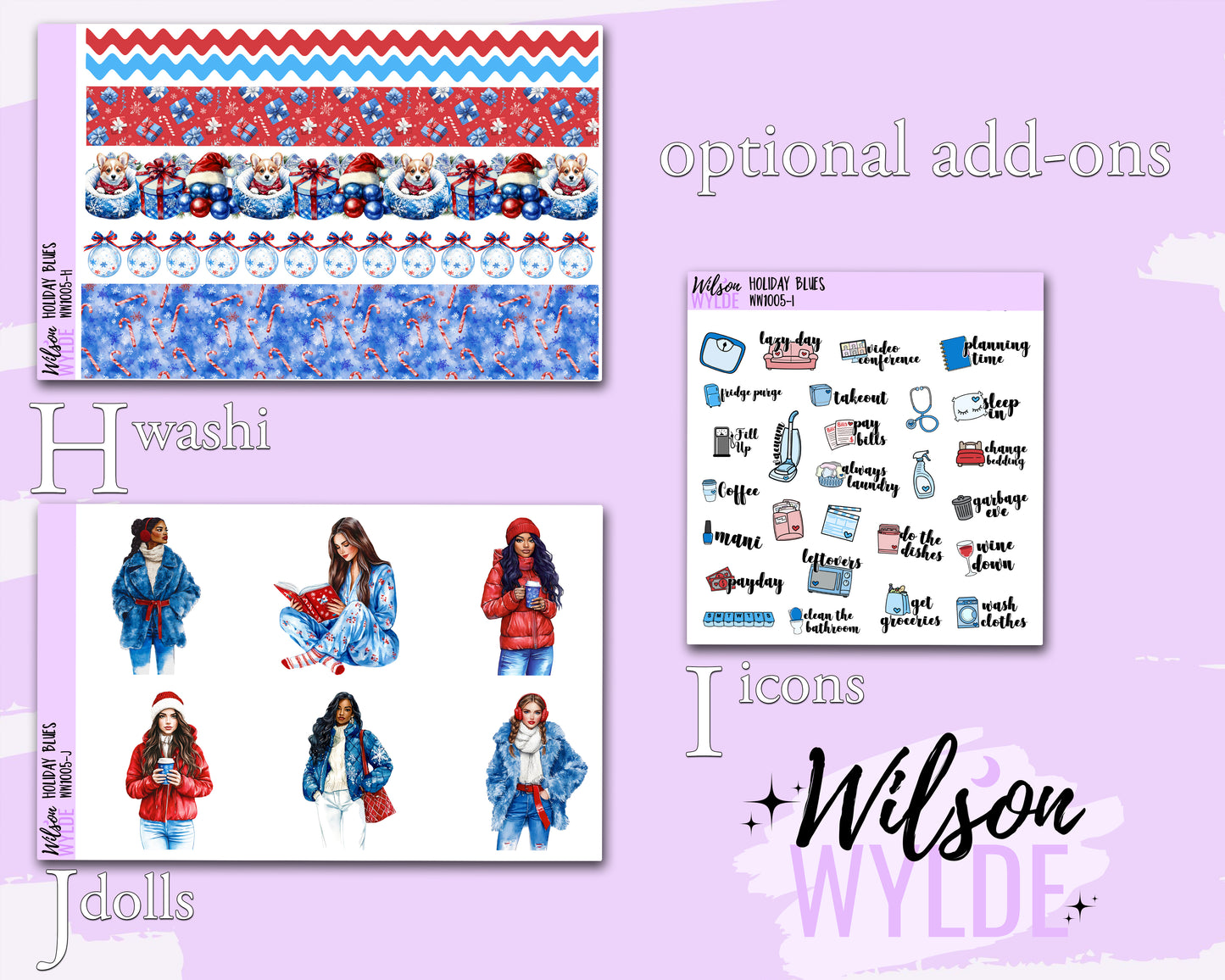 Holiday Blues weekly sticker kit, STANDARD VERTICAL format, a la carte and bundle options. WW1005