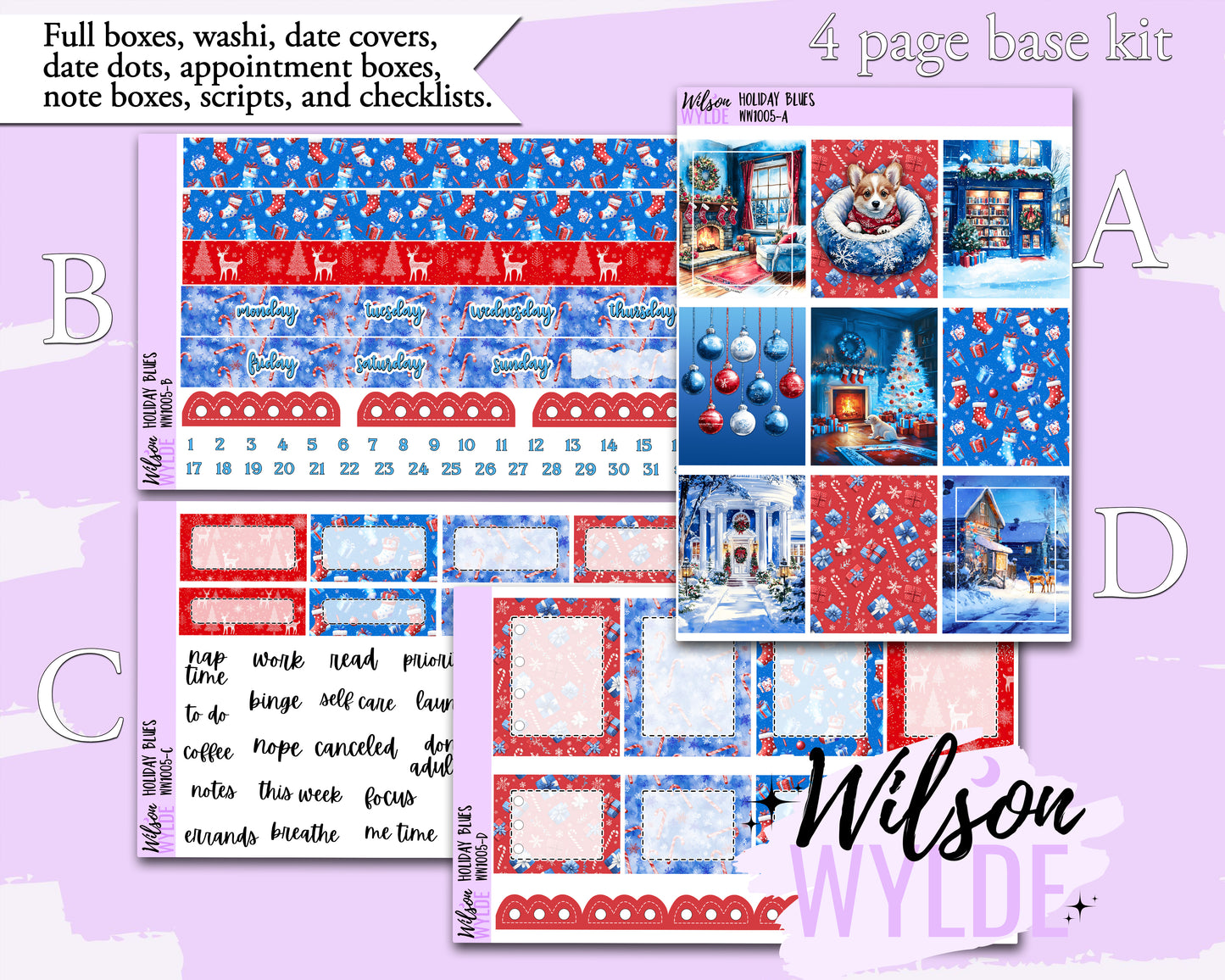 Holiday Blues weekly sticker kit, STANDARD VERTICAL format, a la carte and bundle options. WW1005