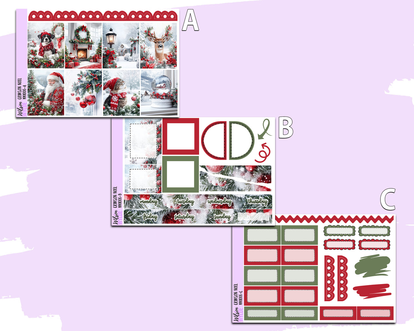 Crimson Noel mini weekly sticker kit, Cousin or Standard Vertical format, a la carte and bundle options. WW1006
