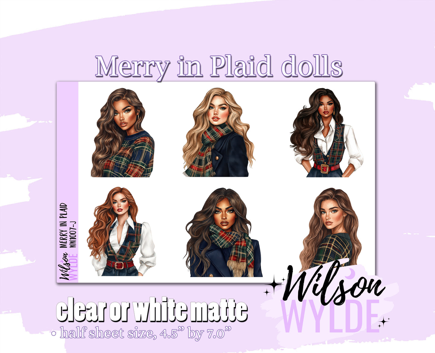 Merry in Plaid dolls deco planner stickers, Matte or frosted clear. WW1007