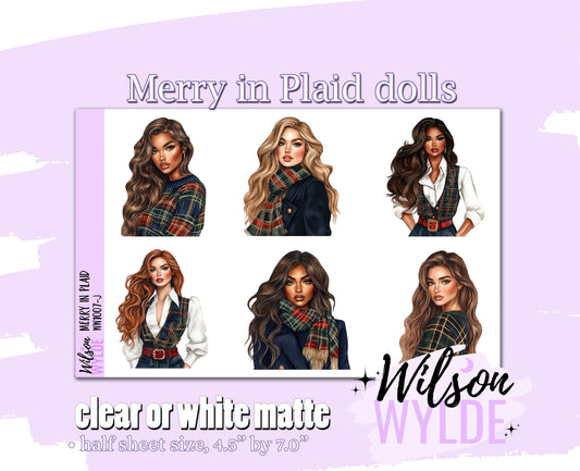 Merry in Plaid dolls deco planner stickers, Matte or frosted clear. WW1007