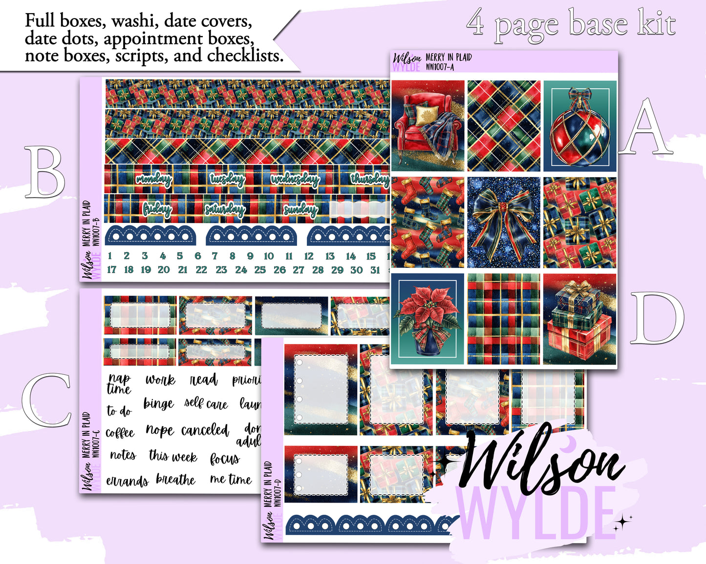 Merry in Plaid weekly sticker kit, HOBONICHI COUSIN format, a la carte and bundle options. WW1007