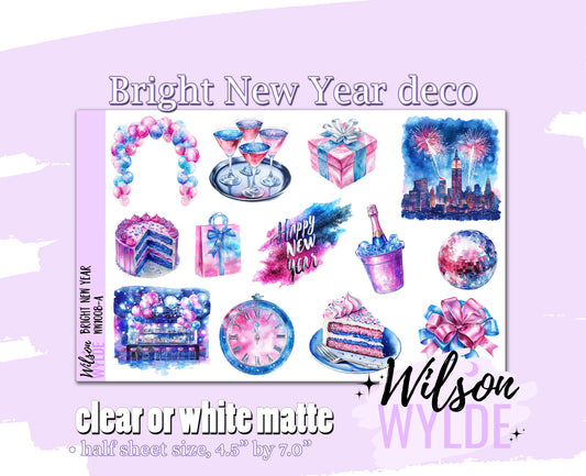 Bright New Year deco planner stickers, Matte or frosted clear. WW1008