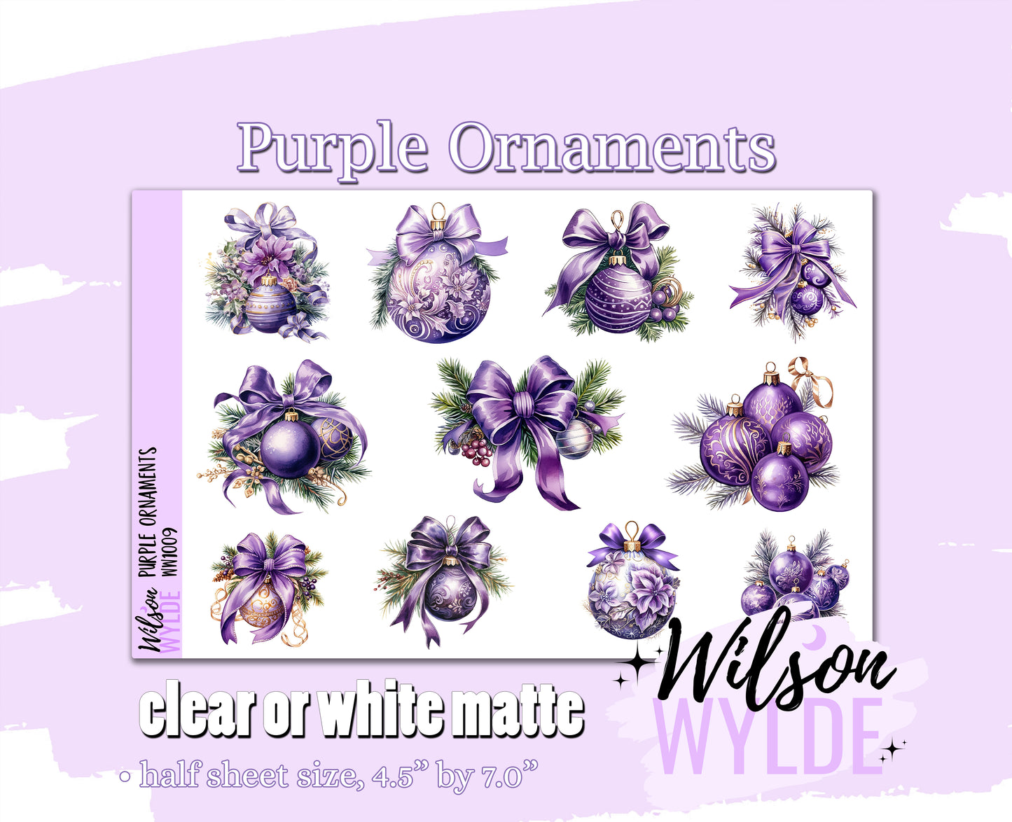 Purple Ornaments deco planner stickers, Matte or frosted clear. WW1009