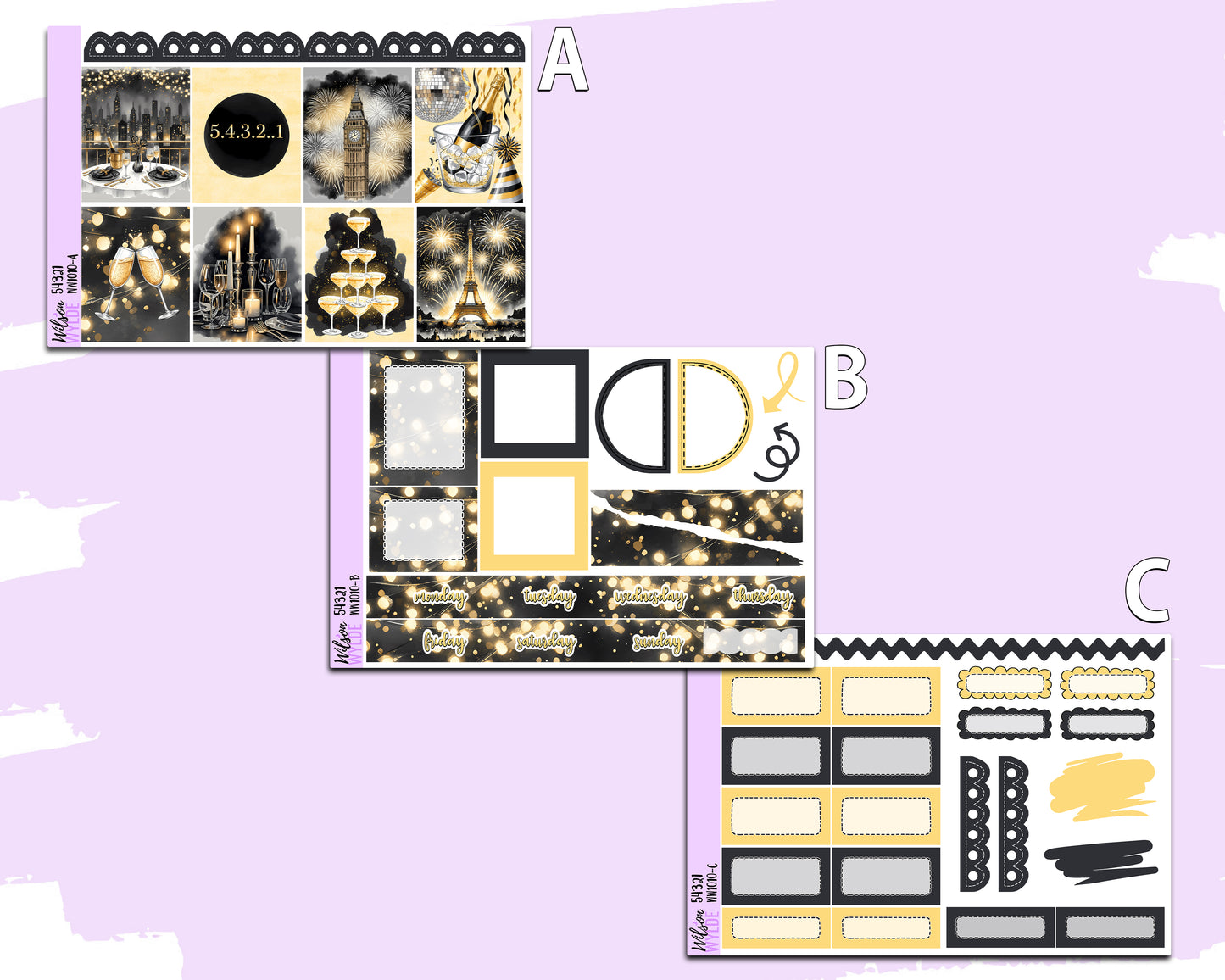 54321 New Year's eve mini weekly sticker kit, Cousin or Standard Vertical format, a la carte and bundle options. WW1010