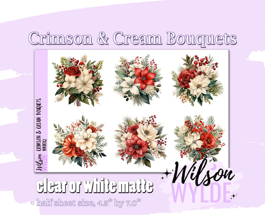 Crimson & Cream Bouquets deco planner stickers, Matte or frosted clear. WW1012