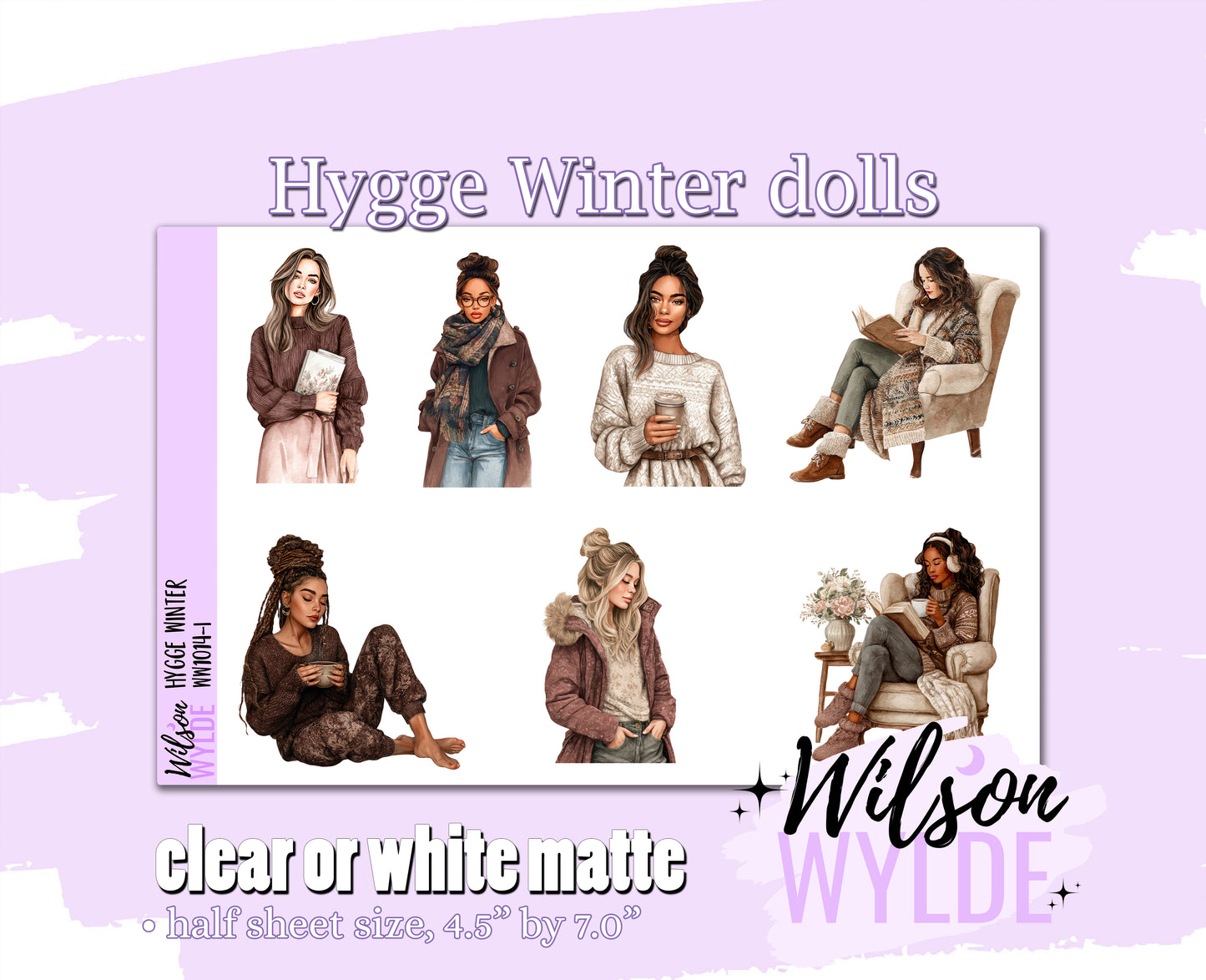 Hygge Winter dolls deco planner stickers, Matte or frosted clear. WW1014
