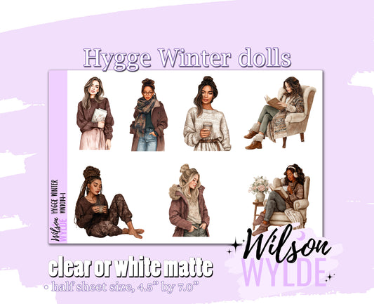 Hygge Winter dolls deco planner stickers, Matte or frosted clear. WW1014