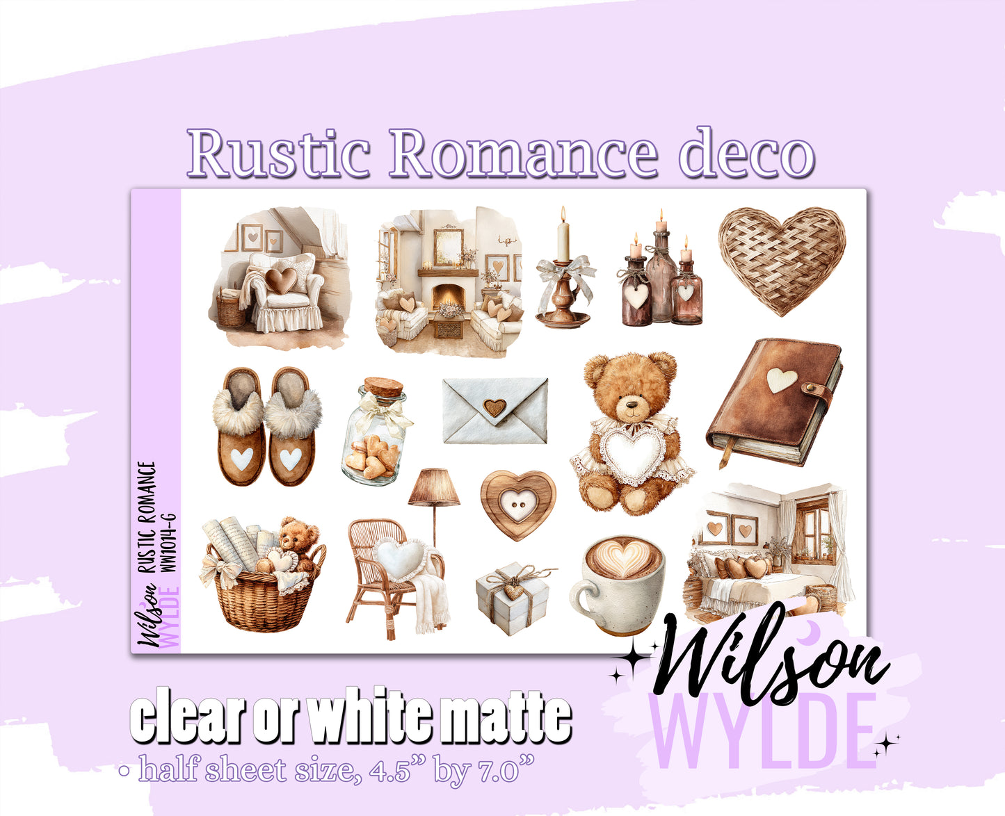 Rustic Romance deco planner stickers, Matte or frosted clear. WW1014
