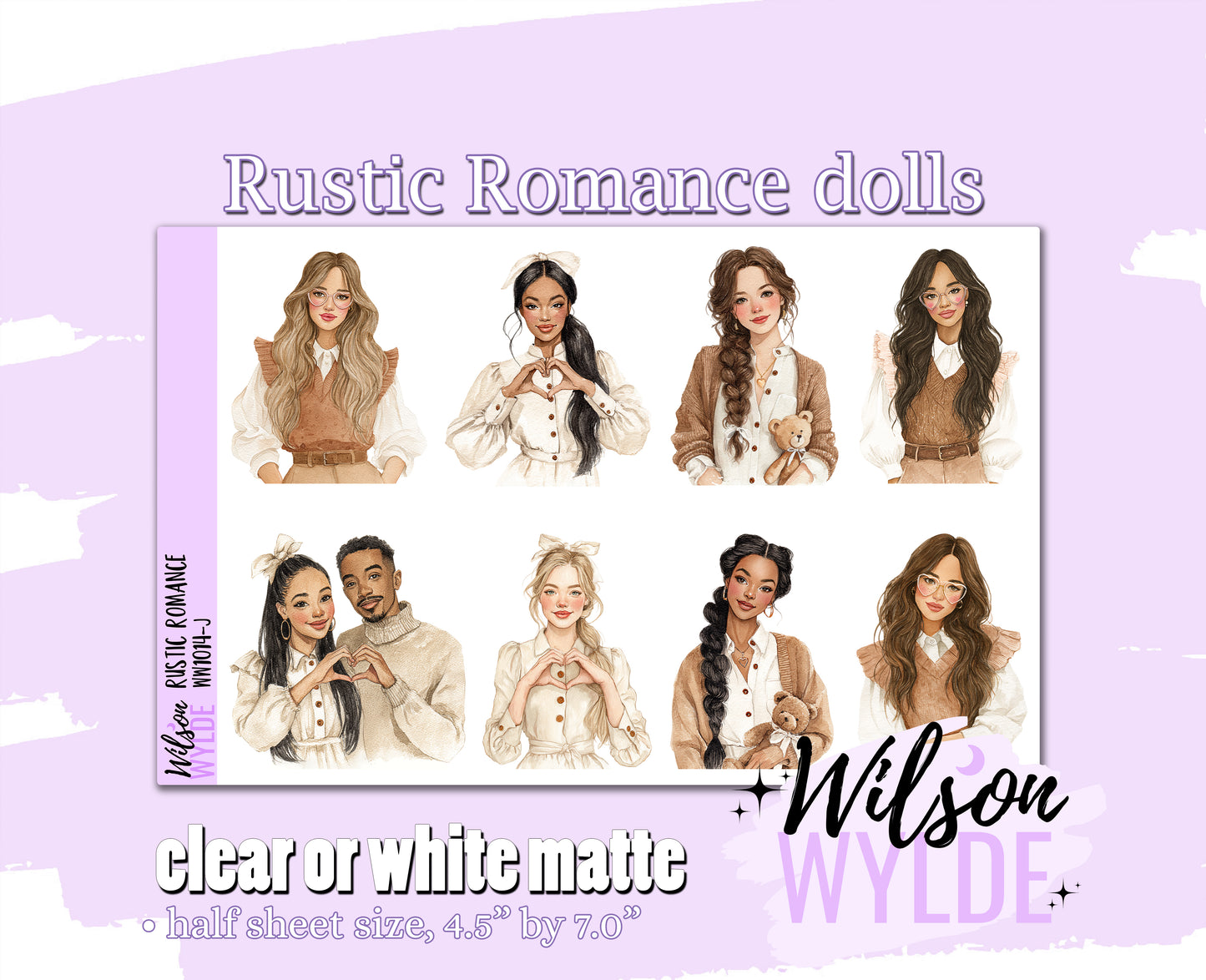 Rustic Romance dolls deco planner stickers, Matte or frosted clear. WW1014
