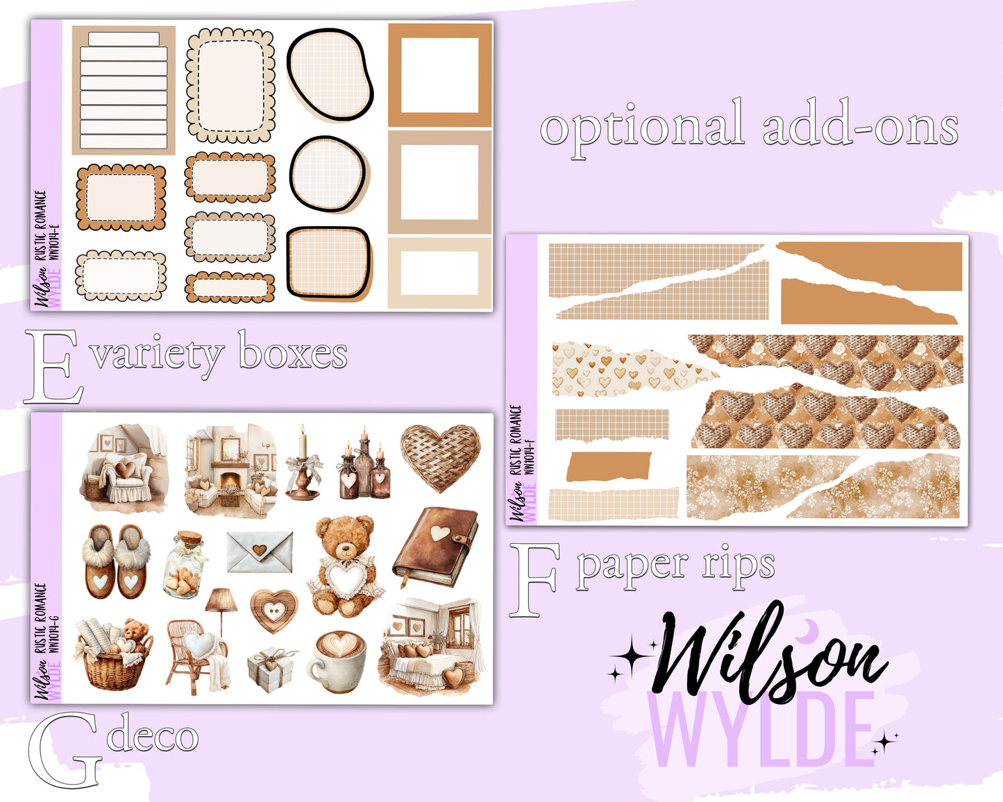 Rustic Romance weekly sticker kit, HOBONICHI COUSIN format, a la carte and bundle options. WW1014