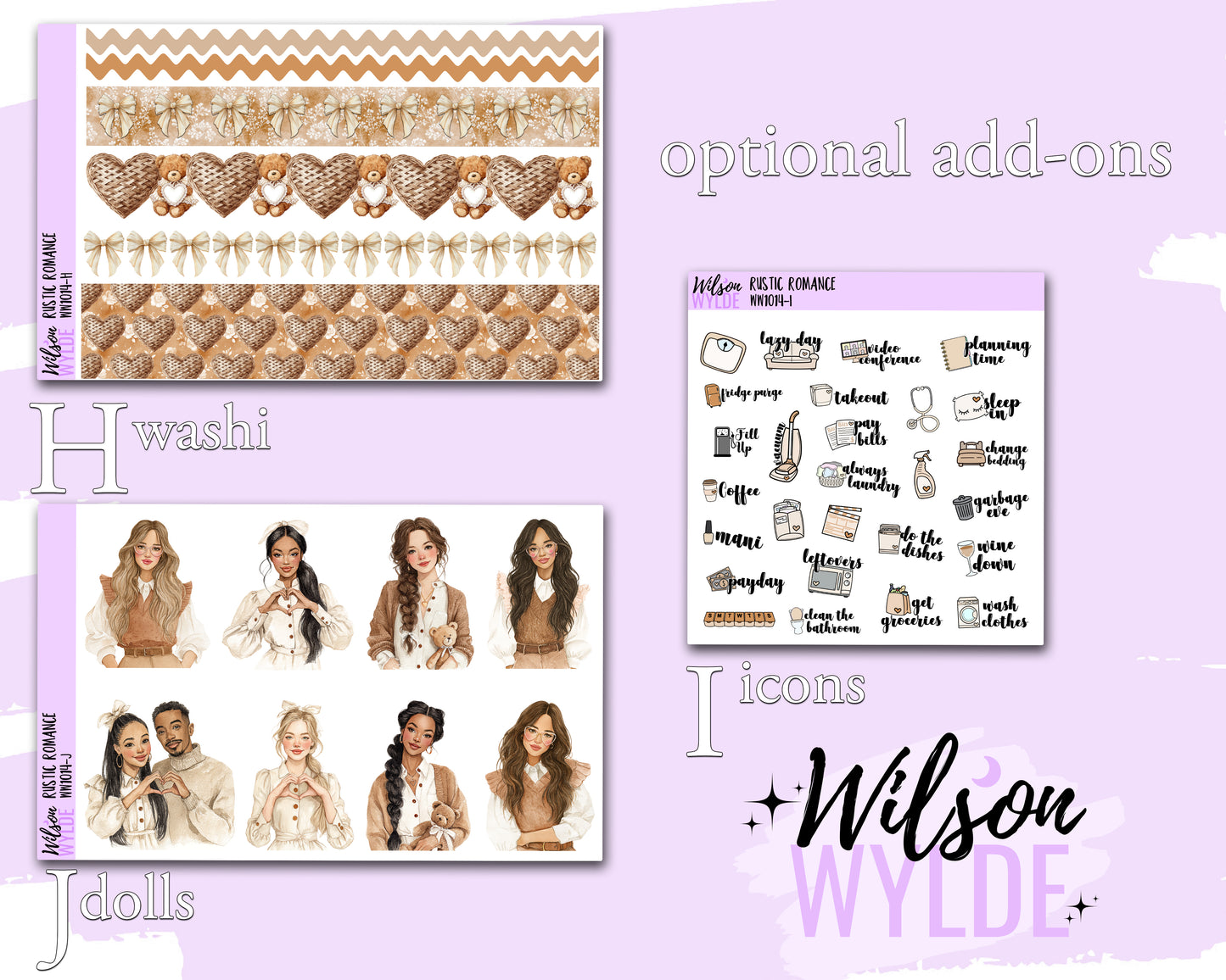 Rustic Romance weekly sticker kit, HOBONICHI COUSIN format, a la carte and bundle options. WW1014