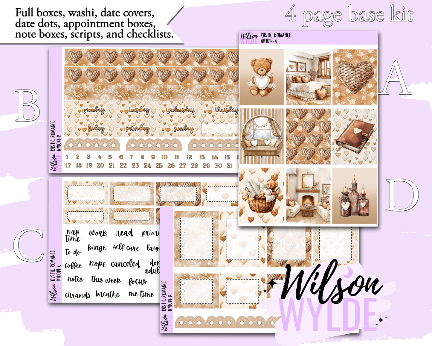 Rustic Romance weekly sticker kit, HOBONICHI COUSIN format, a la carte and bundle options. WW1014