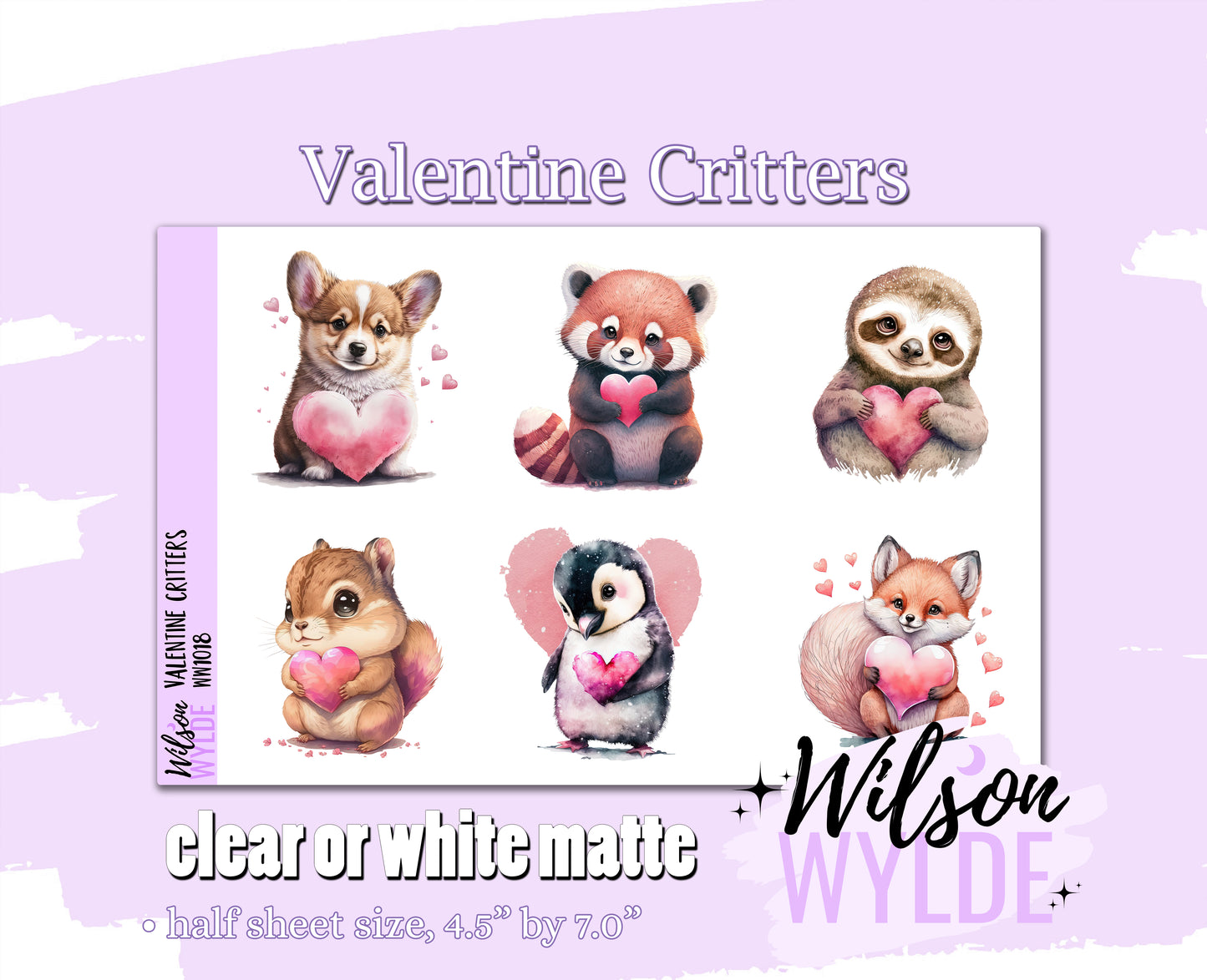 Valentine Critters deco planner stickers, Matte or frosted clear. WW1018