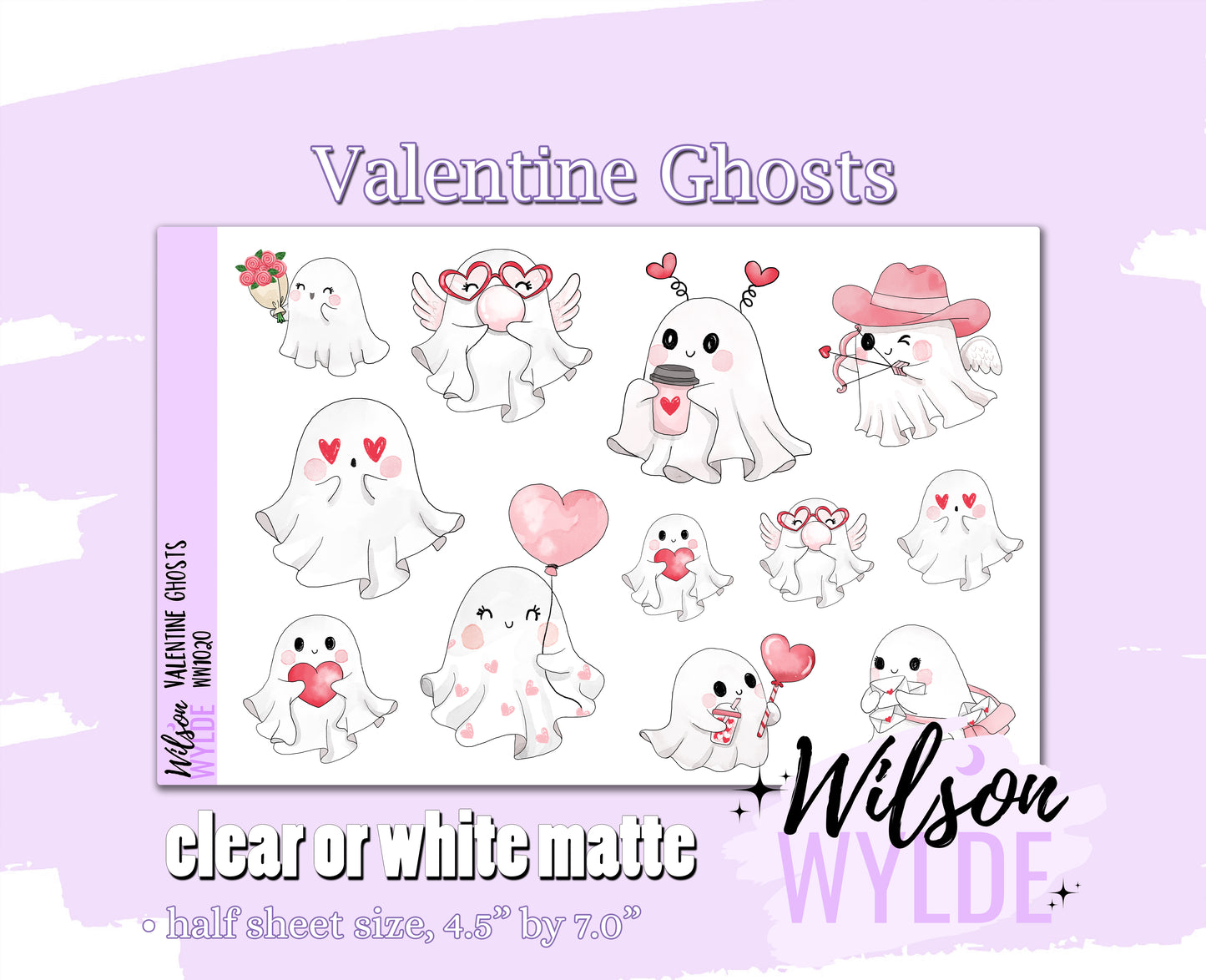 Valentine Ghosts planner stickers, Matte or frosted clear. WW1020