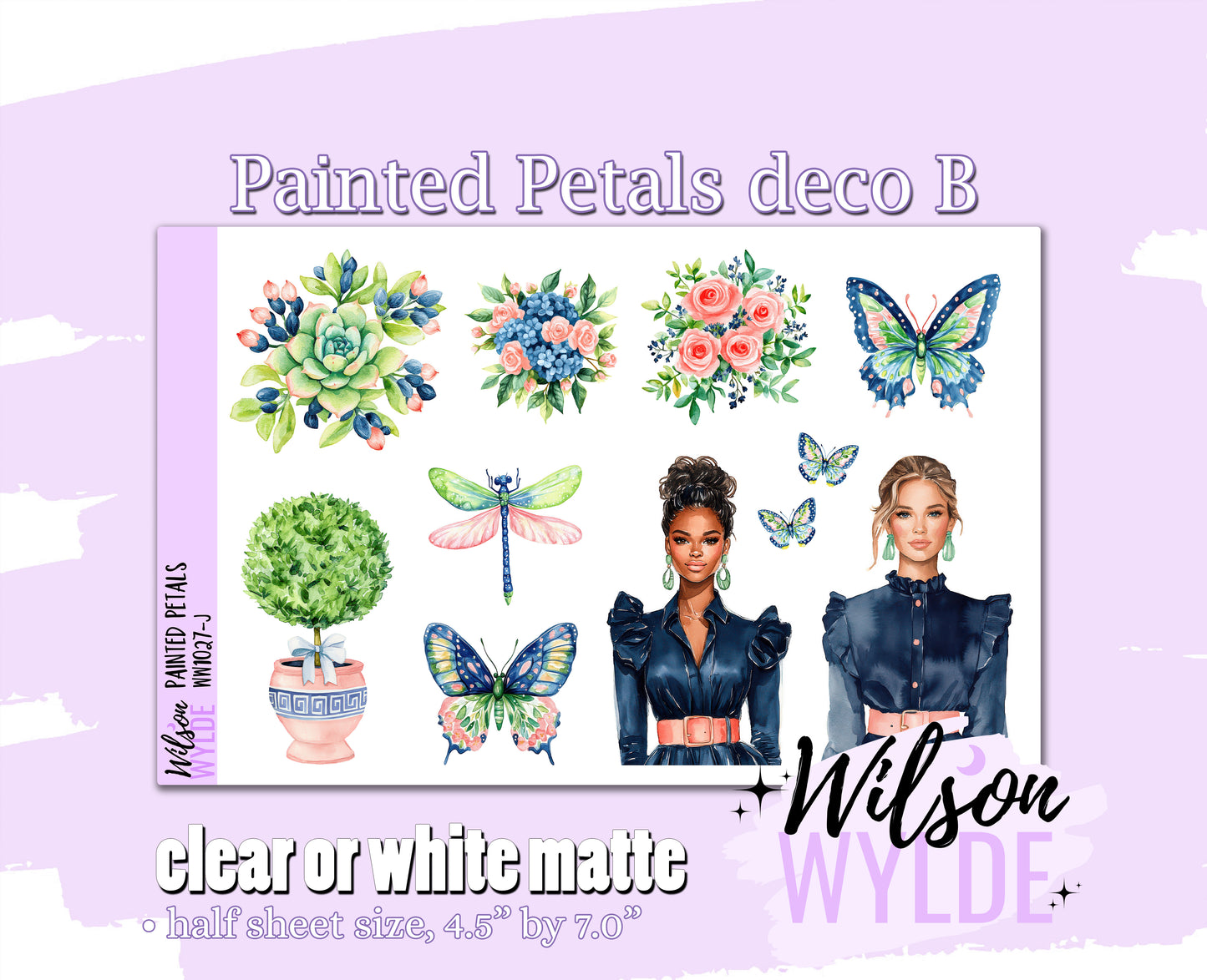 Painted Petals deco B planner stickers, Matte or frosted clear. WW1027