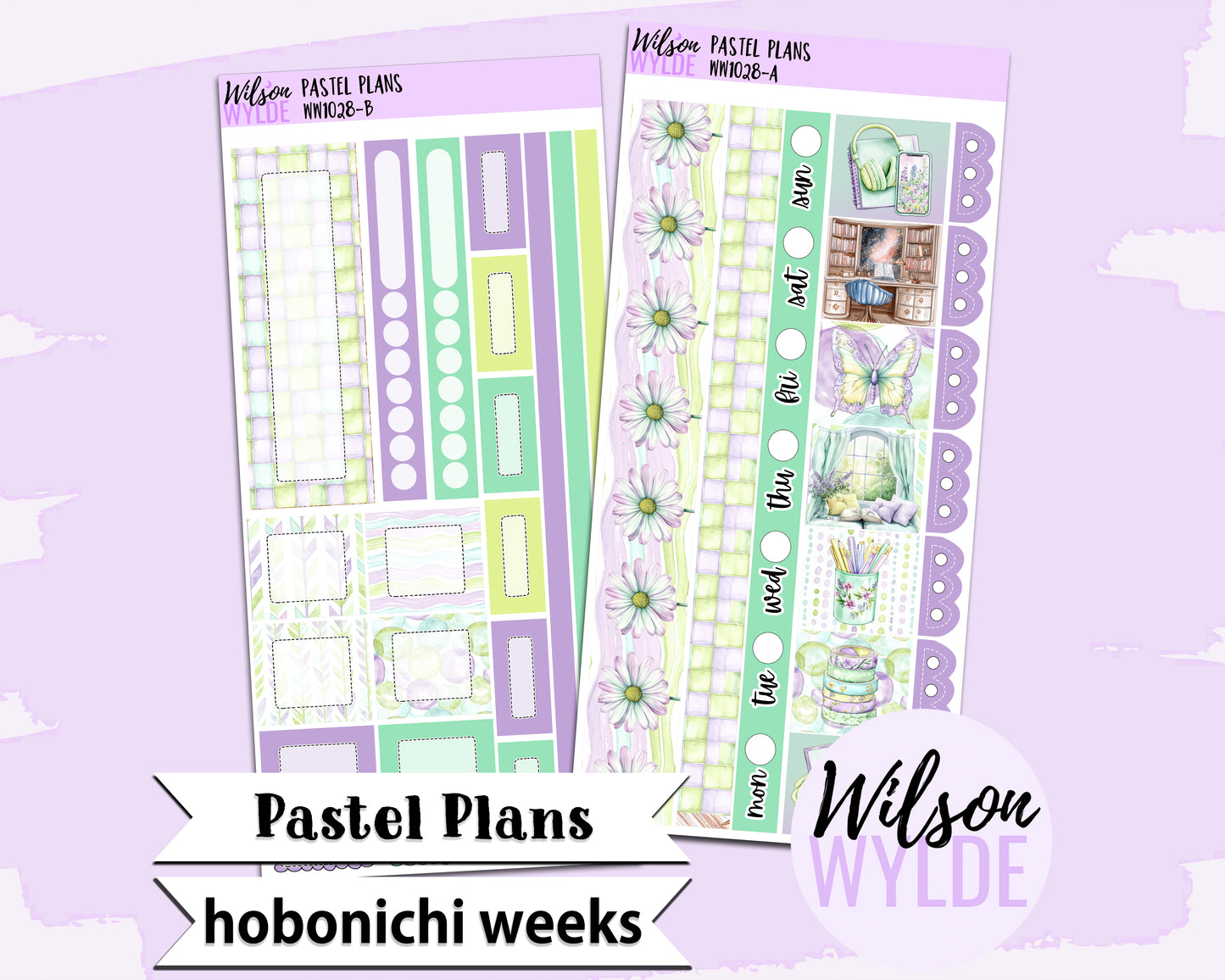 Pastel Plans weekly sticker kit, HOBONICHI WEEKS format, a la carte and bundle options. WW1028