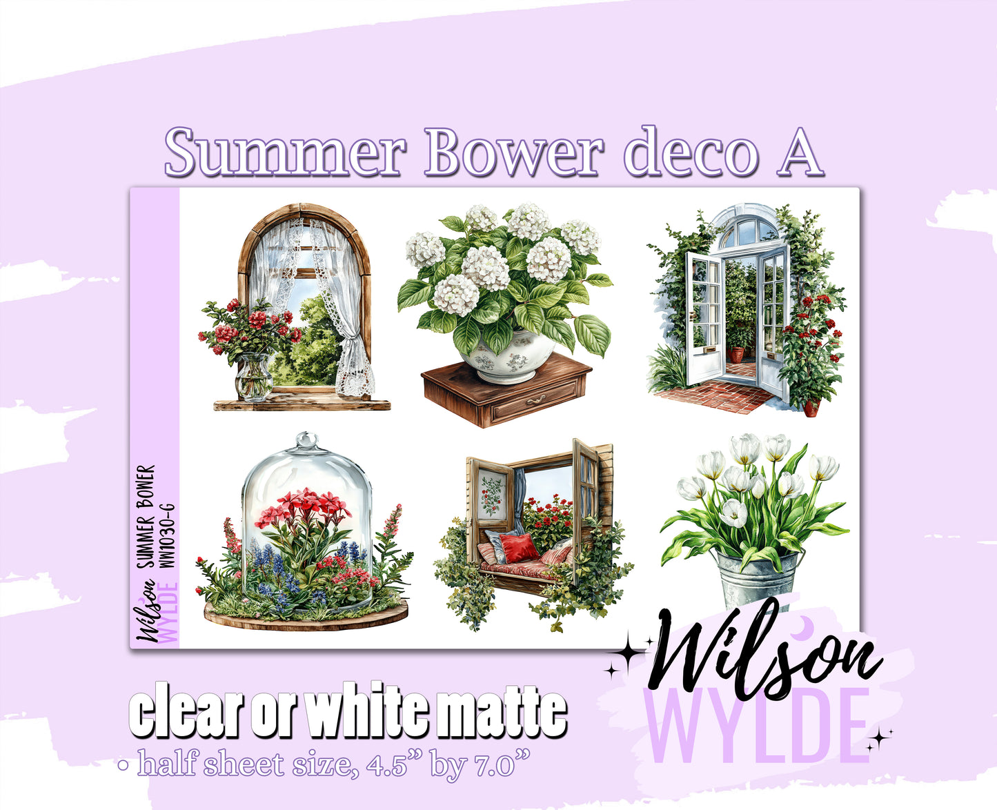 Summer Bower deco A planner stickers, Matte or frosted clear. WW1030
