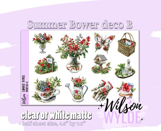 Summer Bower deco B planner stickers, Matte or frosted clear. WW1030