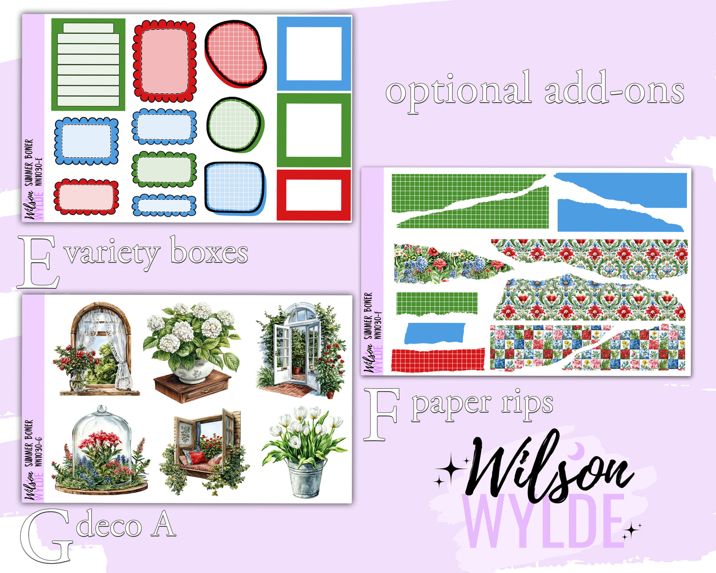 Summer Bower weekly sticker kit, STANDARD VERTICAL format, a la carte and bundle options. WW1030