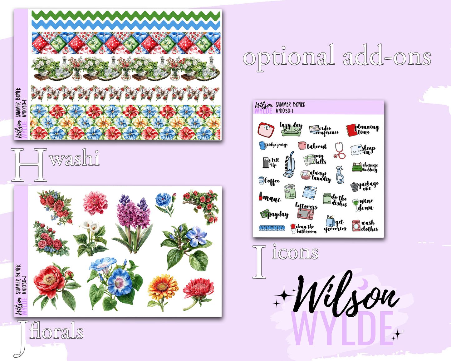 Summer Bower weekly sticker kit, STANDARD VERTICAL format, a la carte and bundle options. WW1030