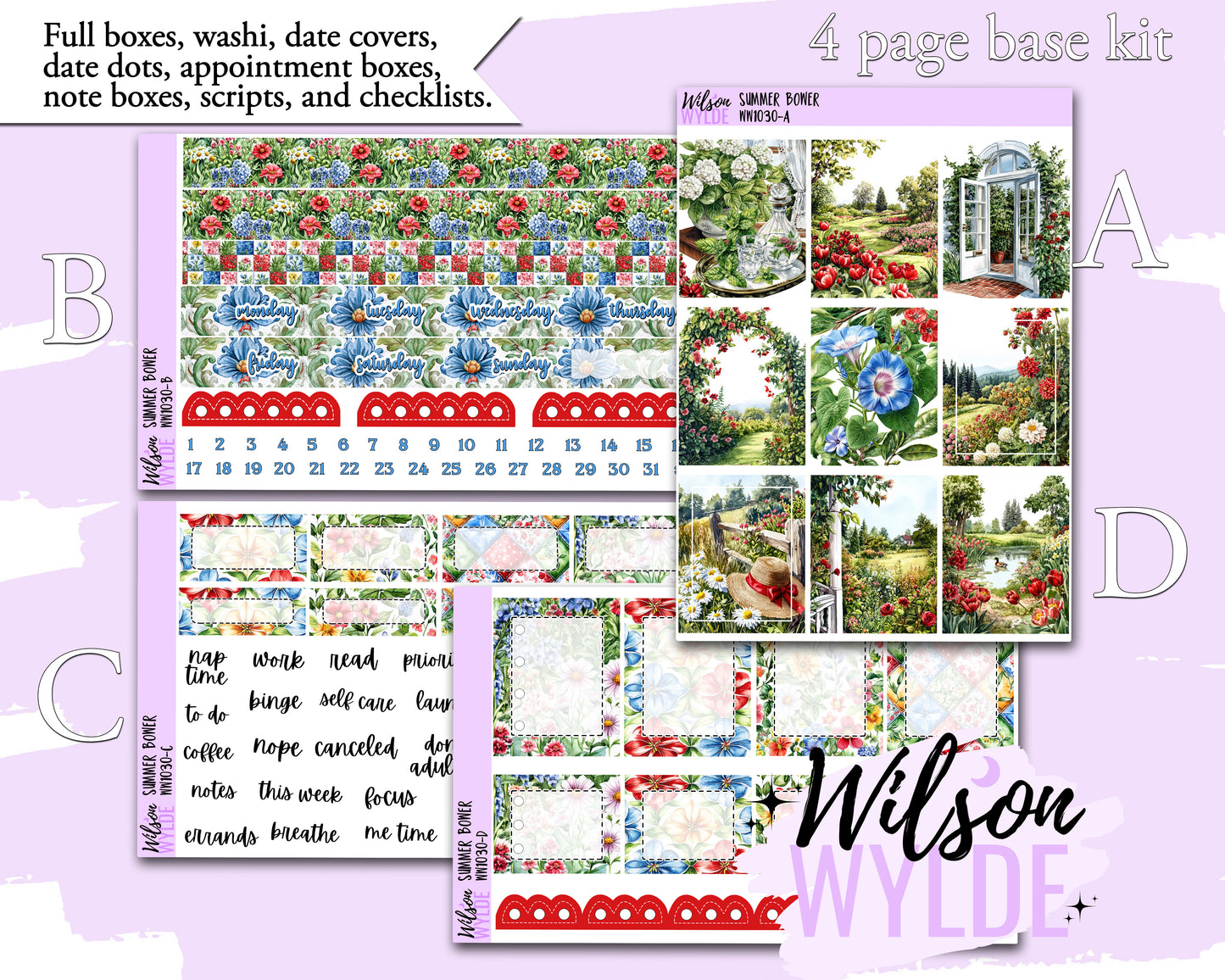 Summer Bower weekly sticker kit, STANDARD VERTICAL format, a la carte and bundle options. WW1030