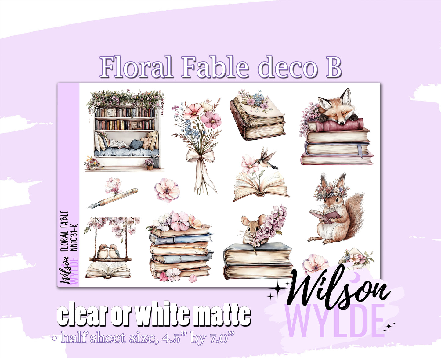Floral Fable deco B planner stickers, Matte or frosted clear. WW1031