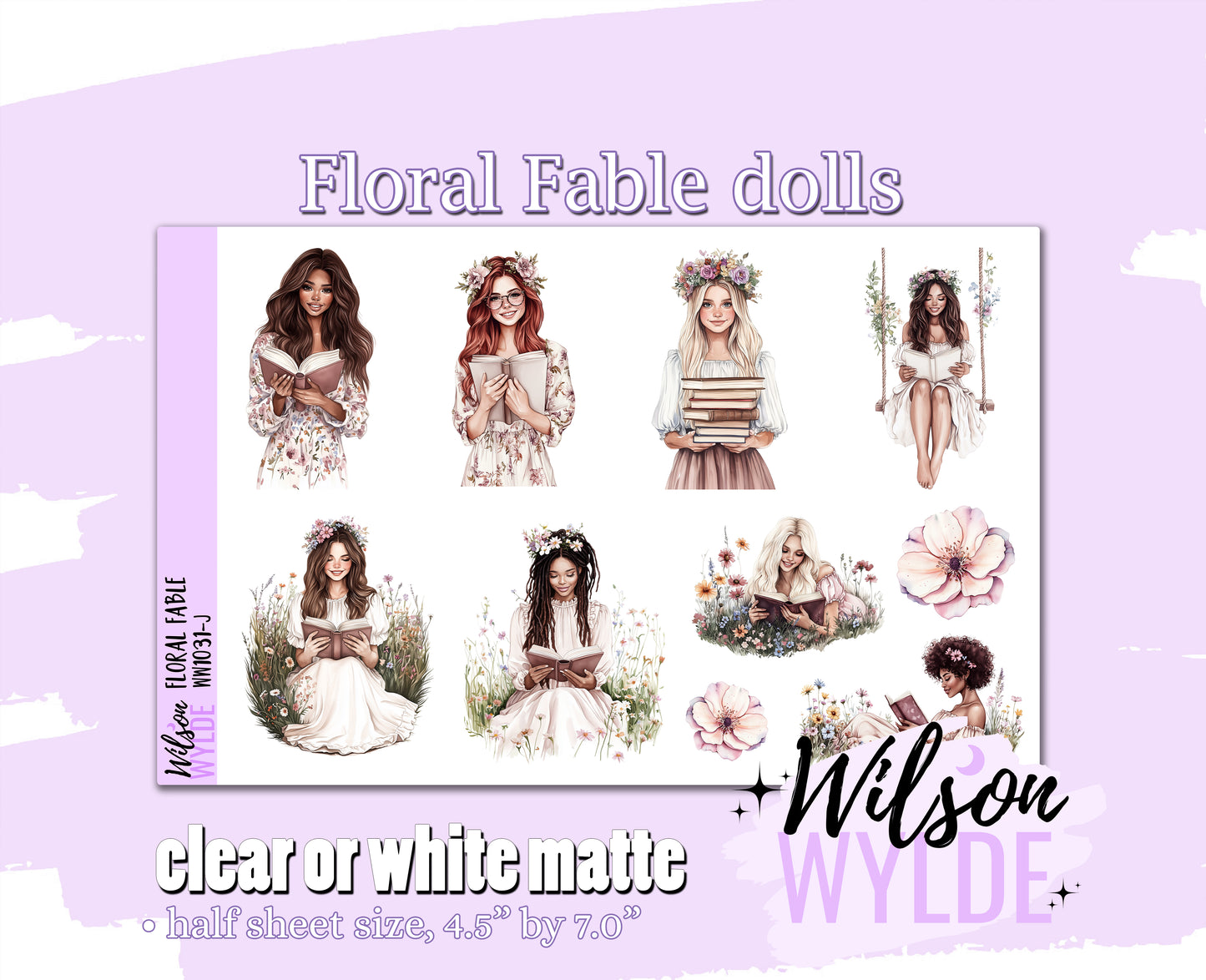 Floral Fable dolls deco planner stickers, Matte or frosted clear. WW1031