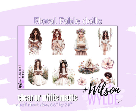 Floral Fable dolls deco planner stickers, Matte or frosted clear. WW1031