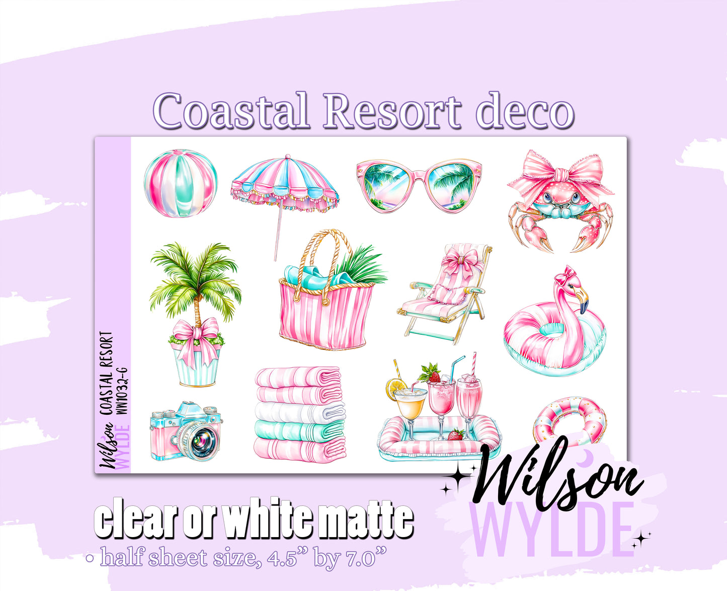 Coastal Resort deco planner stickers, Matte or frosted clear. WW1032