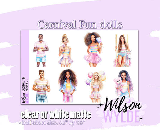 Carnival Fun dolls deco planner stickers, Matte or frosted clear. WW1033