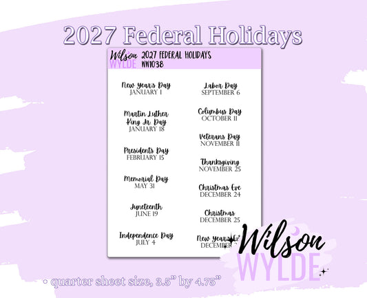 2027 Federal Holidays, deco planner stickers, WW1038