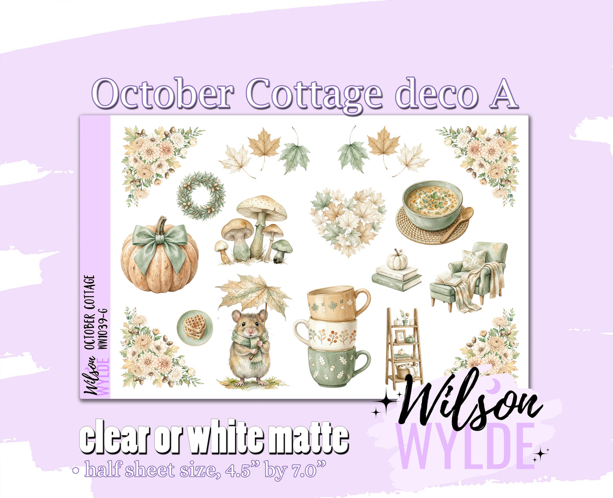 October Cottage deco A planner stickers, Matte or frosted clear. WW1039