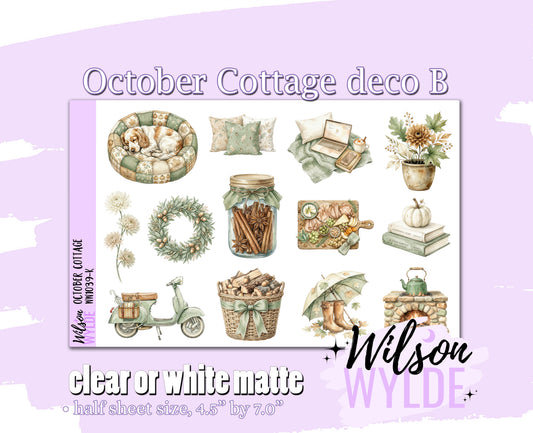 October Cottage deco B planner stickers, Matte or frosted clear. WW1039