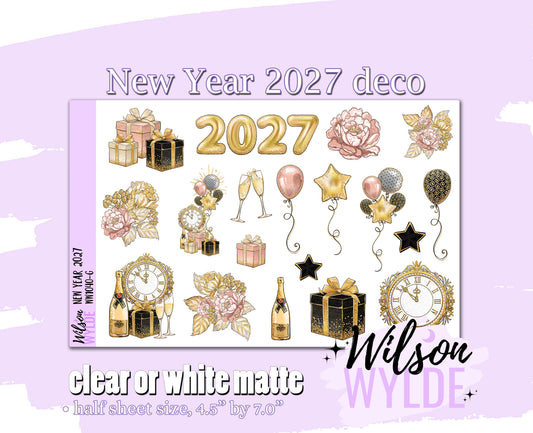 New Year 2027 deco planner stickers, Matte or frosted clear. WW1040