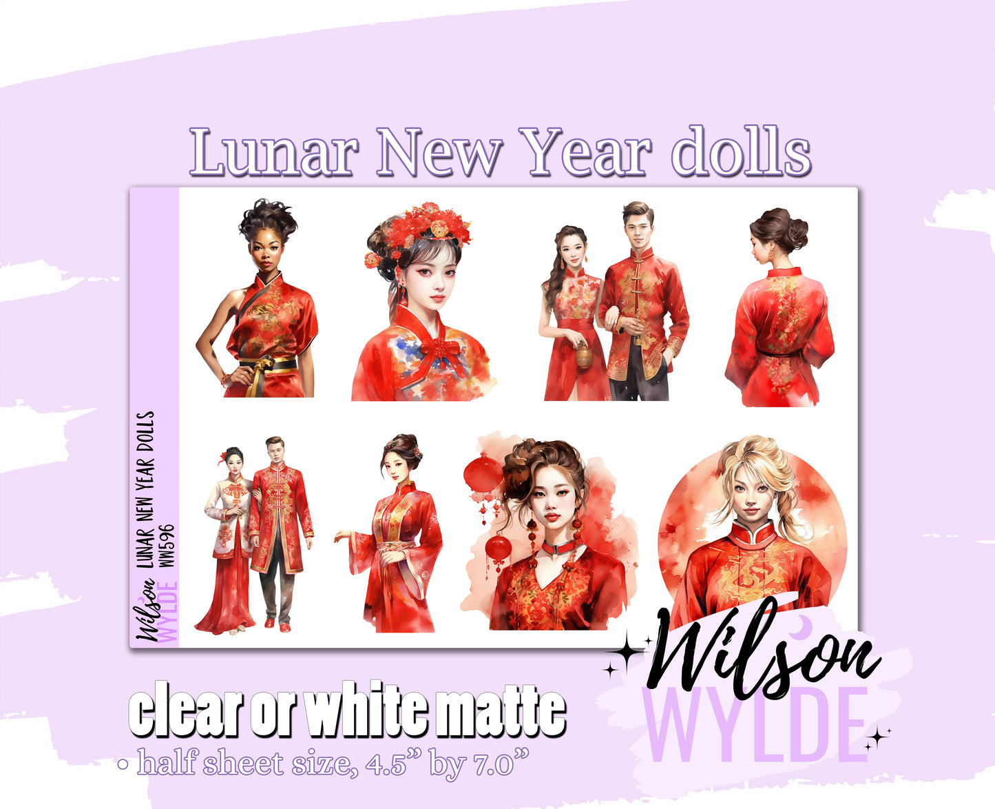 Lunar New Year dolls deco planner stickers, Matte or frosted clear. WW596