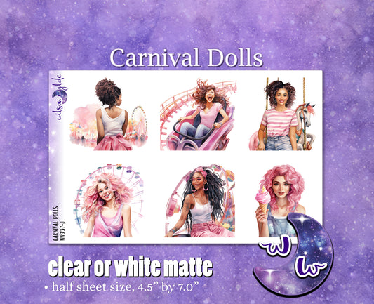 Carnival dolls deco planner stickers, Matte or frosted clear. WW937