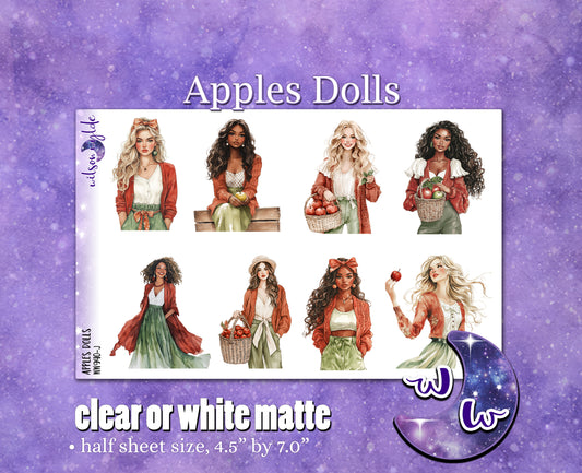 Apples dolls deco planner stickers, Matte or frosted clear. WW940
