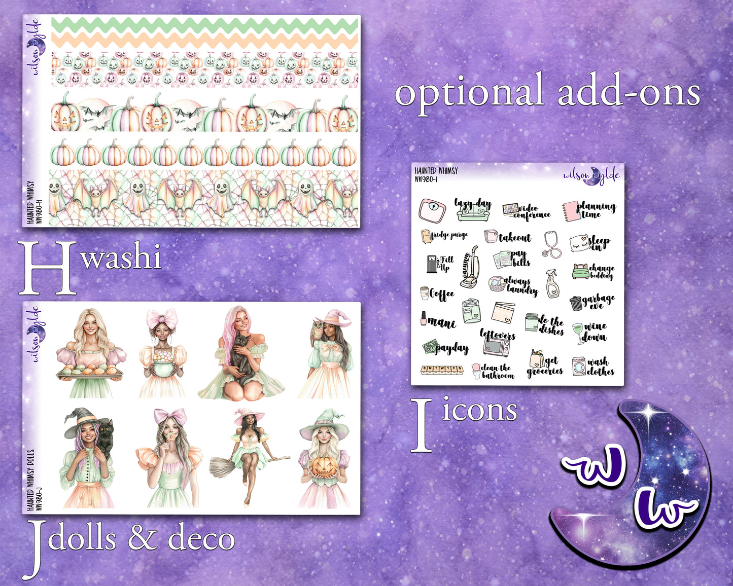 Haunted Whimsy weekly sticker kit, HOBONICHI COUSIN format, a la carte and bundle options. WW980