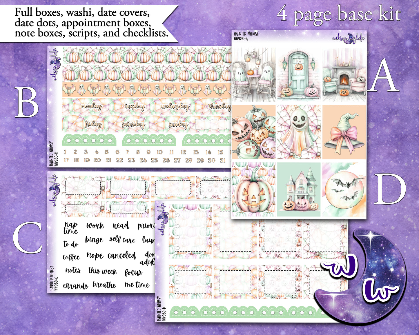 Haunted Whimsy weekly sticker kit, HOBONICHI COUSIN format, a la carte and bundle options. WW980