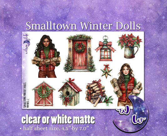 Smalltown Winter dolls deco planner stickers, Matte or frosted clear. WW985