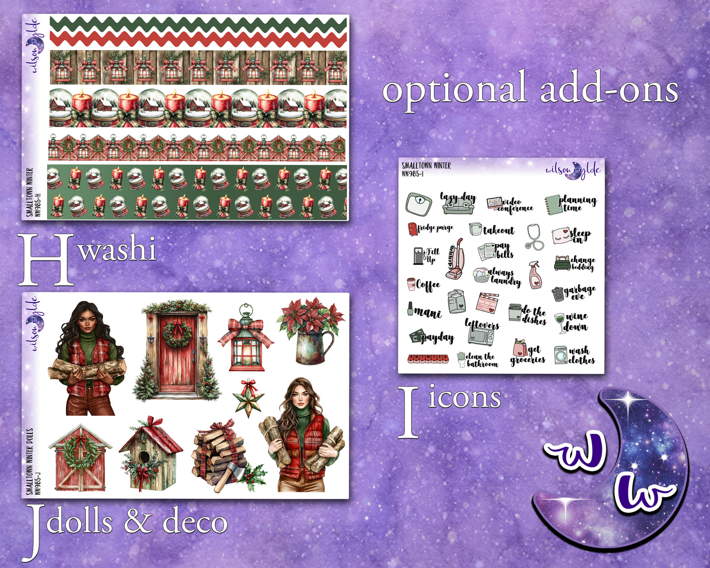 Smalltown Winter weekly sticker kit, HOBONICHI COUSIN format, a la carte and bundle options. WW985
