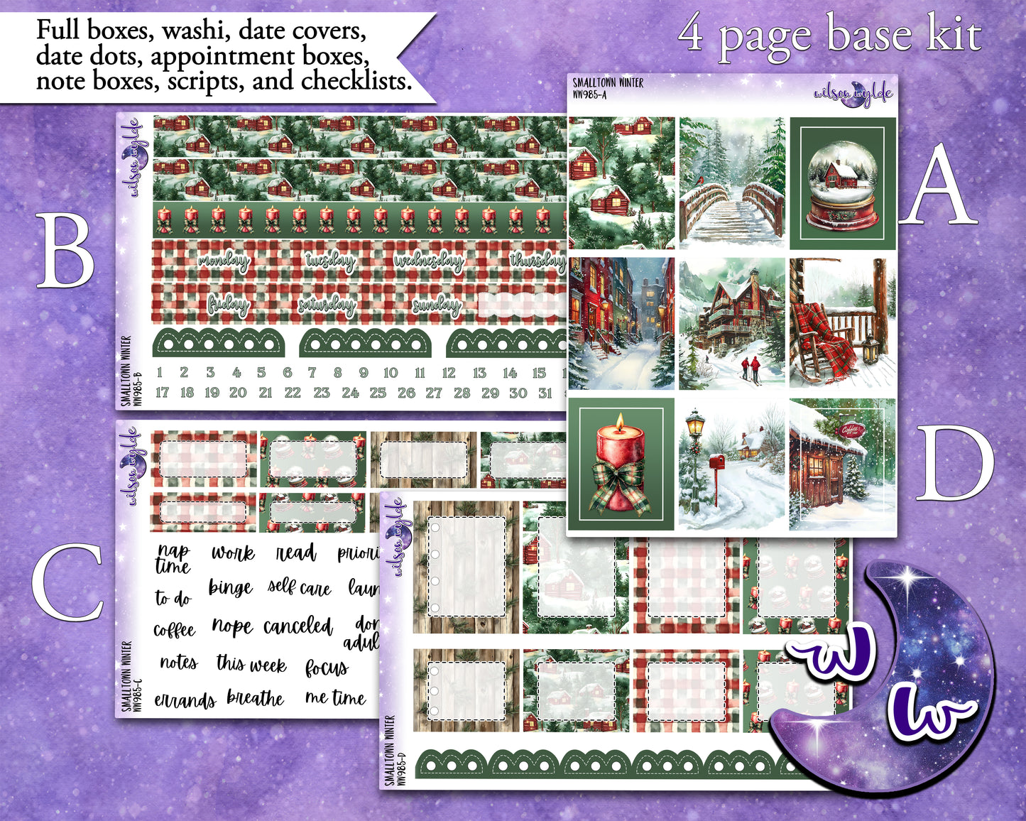 Smalltown Winter weekly sticker kit, HOBONICHI COUSIN format, a la carte and bundle options. WW985