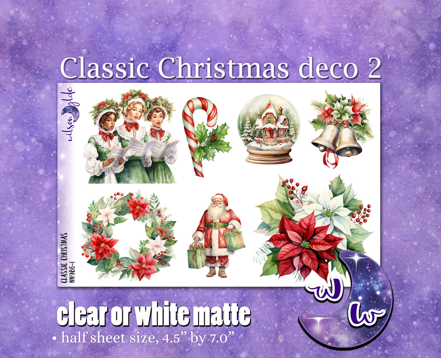 Classic Christmas deco 2 planner stickers, Matte or frosted clear. WW986