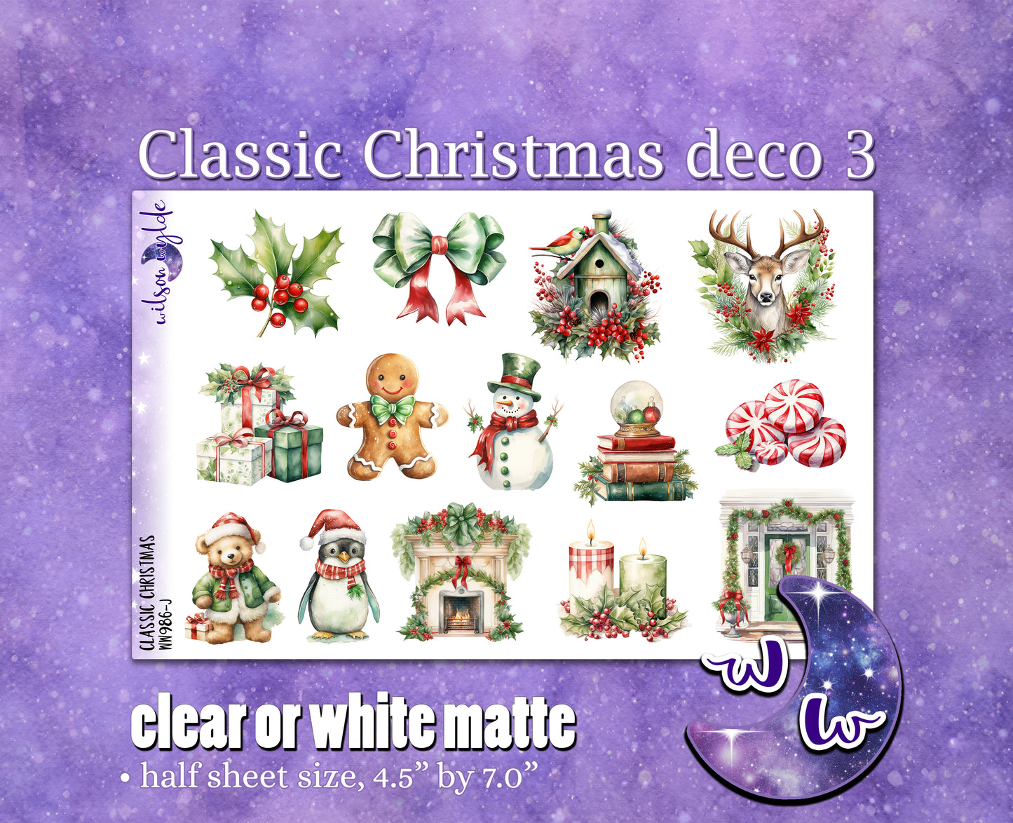 Classic Christmas deco 3 planner stickers, Matte or frosted clear. WW986